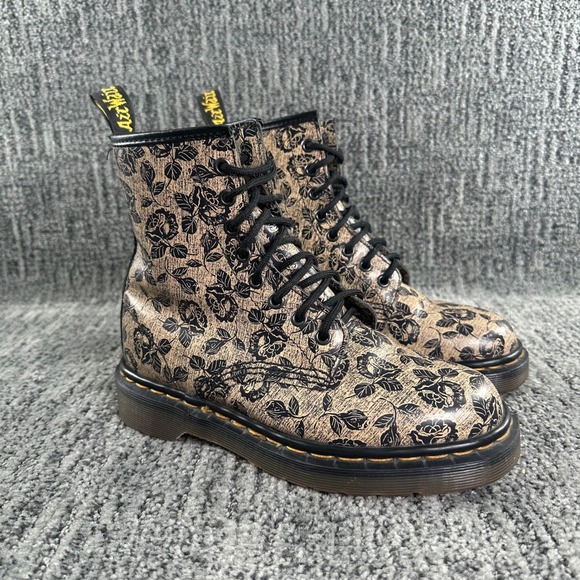 Dr. Martens Shoes - Dr Martens 1460 Boots Womens 6 Rose Floral Tan Black Leather Made in England VTG